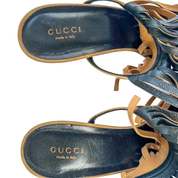 Gucci Becky Suede Fringe Camelia color Gladiator Sandal Heels 40/ US 10 - Picture 13 of 16